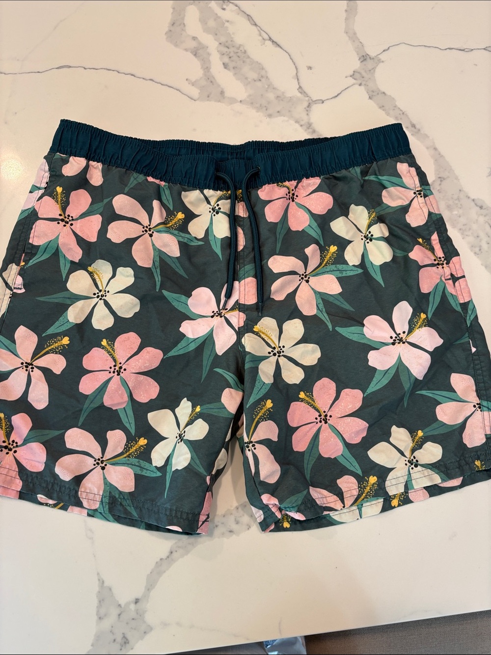 MAD Engine Dark Green Floral Swim Trunks with Pink & Cream Flowers